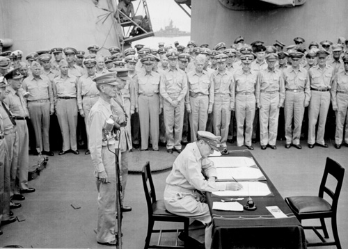 Surrender ceremonies with Douglas MacArthur aboard the USS Missouri