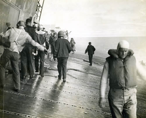 The deck of the listing Yorktown at Midway